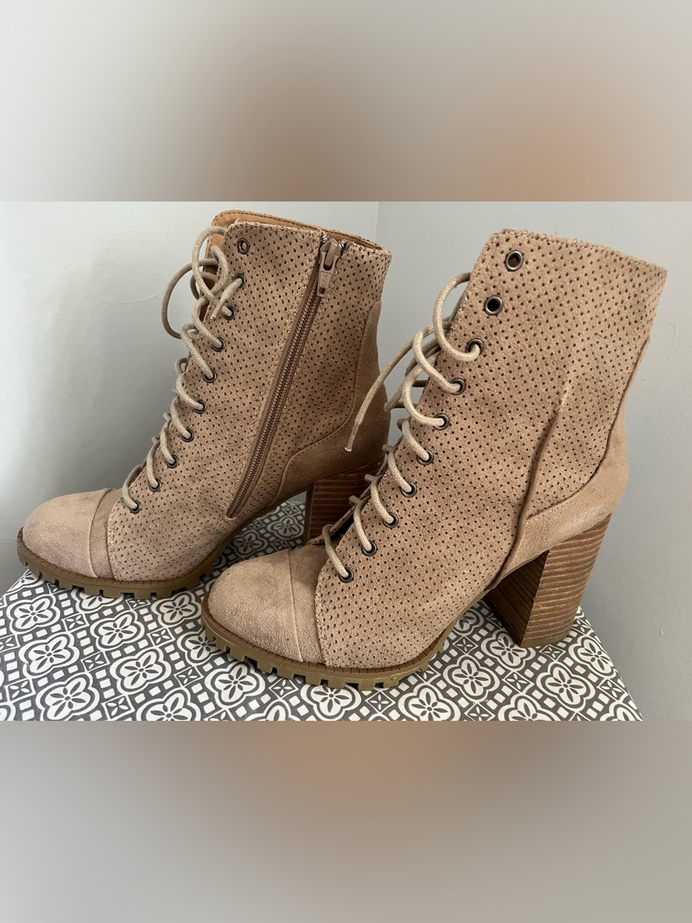 Report Taupe Lace-Up Perforated Block Heel Ankle Boots